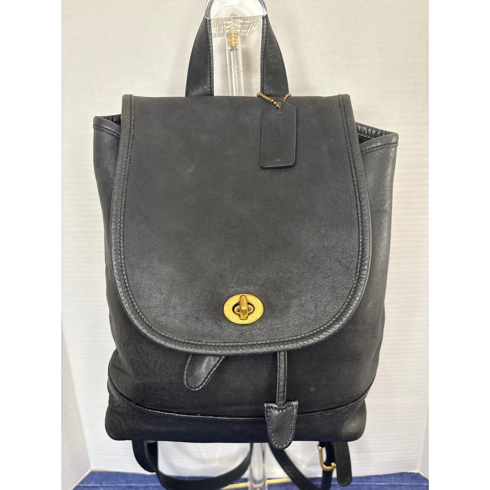 Coach Vintage Black Leather Backpack Turnlock Drawstring Small Bag 9960 - Picture 1 of 12